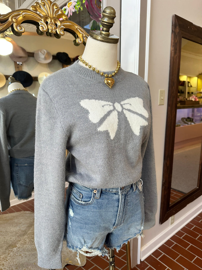 BOW PRINT CROPPED SWEATER TOP