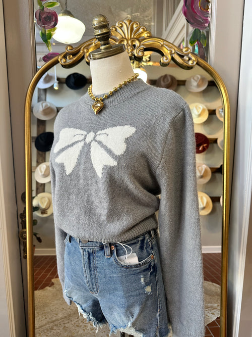 BOW PRINT CROPPED SWEATER TOP