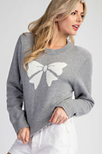 BOW PRINT CROPPED SWEATER TOP